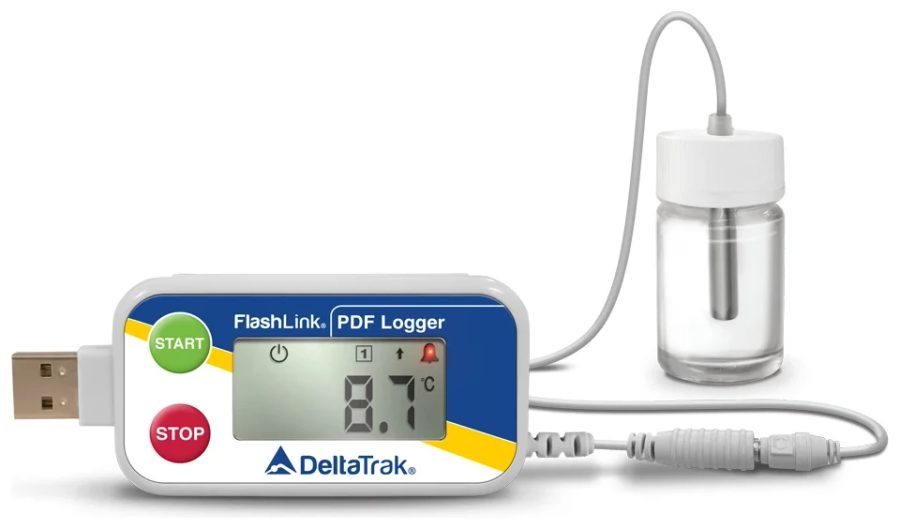 DeltaTrak FlashLink 40527 -PDF-loggeri ja anturi glykolipullossa