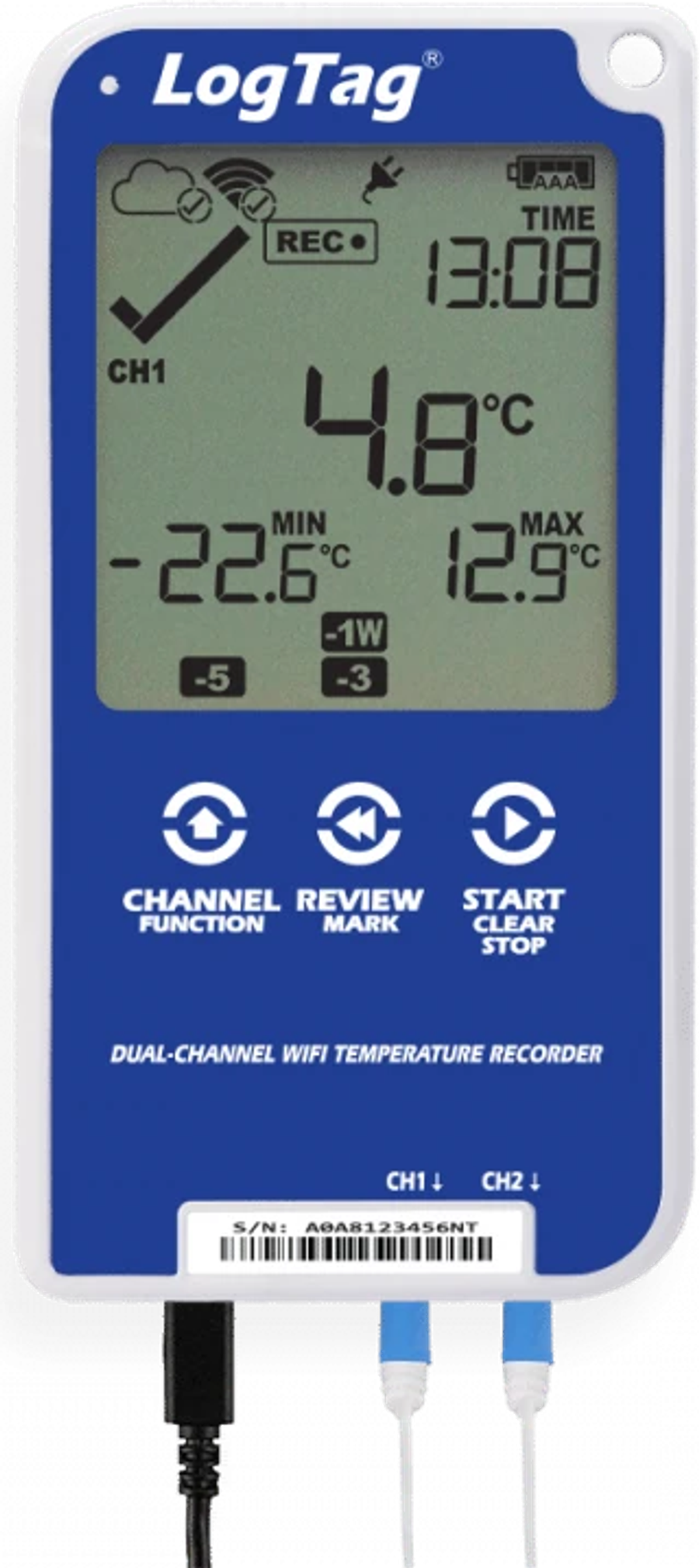 LogTag UTRED30-WiFi -loggeri, näytöllä 4,8 °C ja WiFi- ja pilvisymbolit