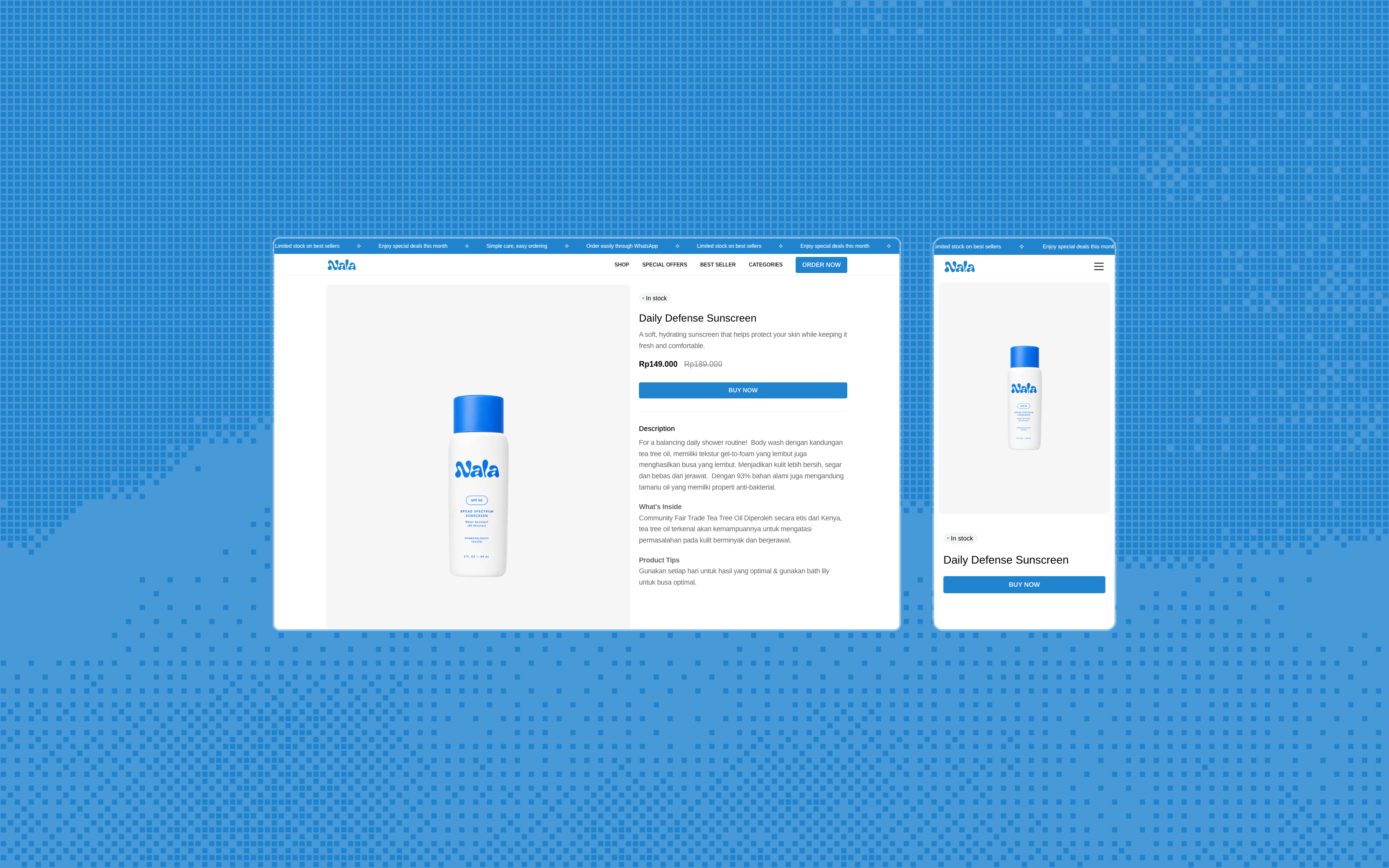 Nala Market product page on desktop and mobile with price, stock status, Buy Now, and the Order Now button in the navigation.