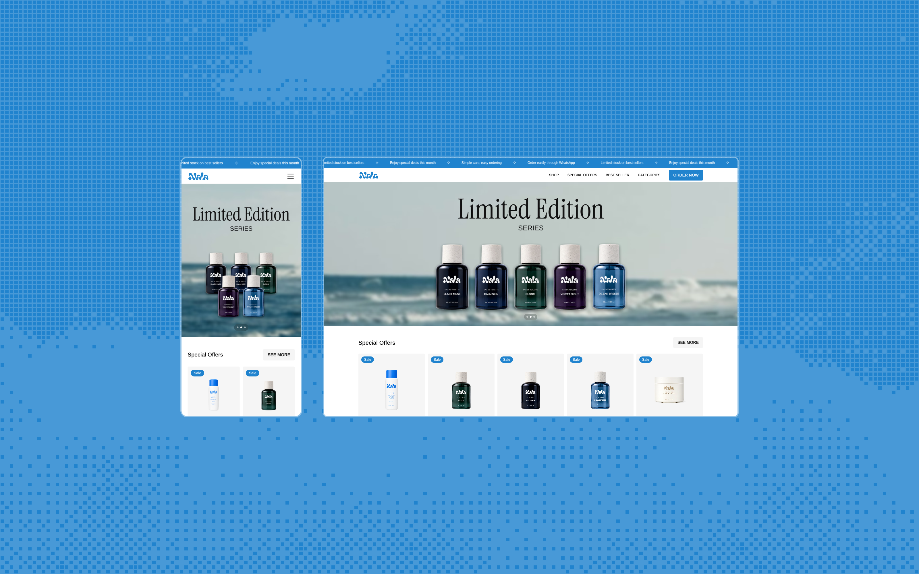 Nala Market homepage on mobile and desktop, with the Limited Edition hero and Special Offers.