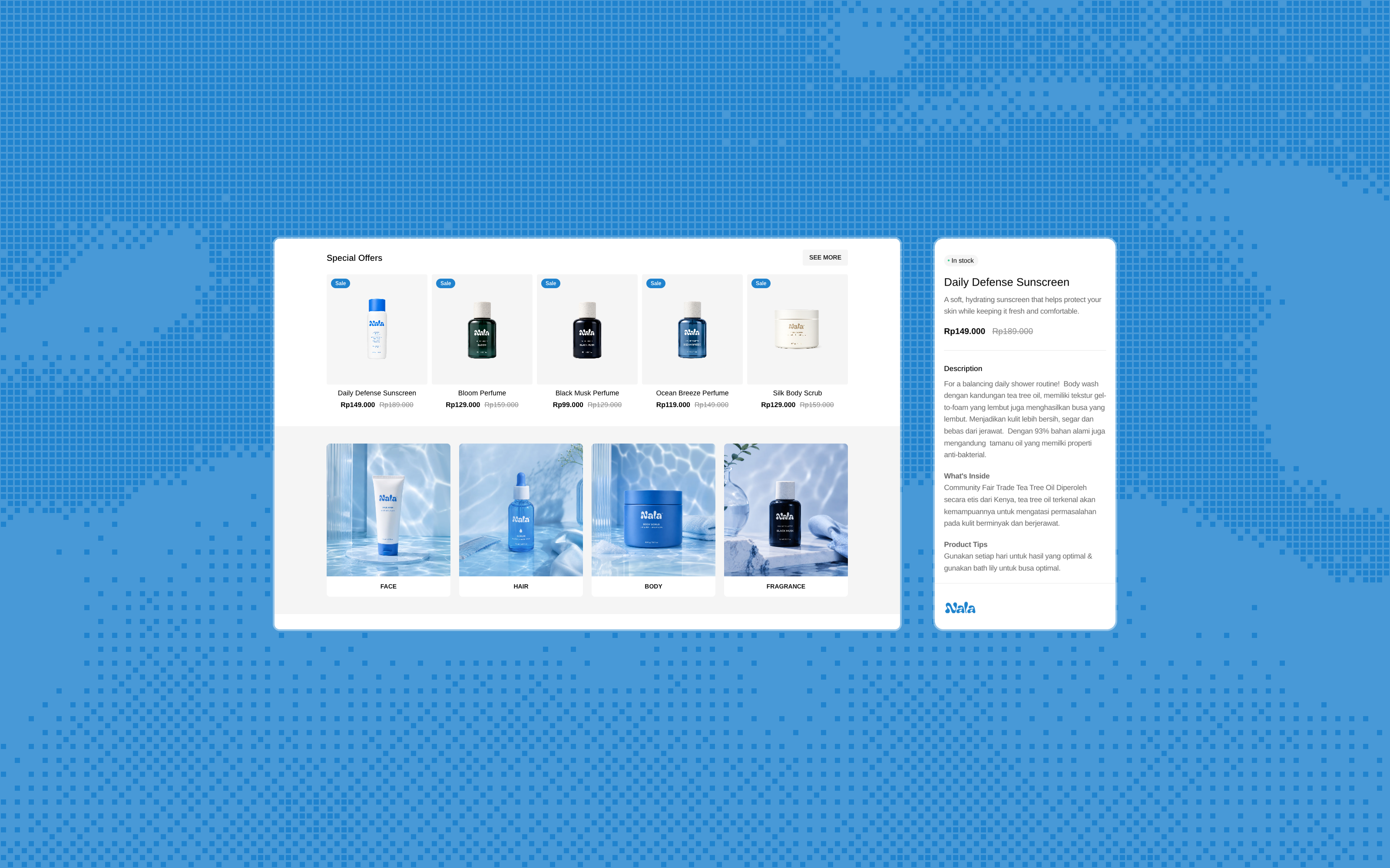 Nala Market Special Offers with sale prices, next to the mobile product description, ingredients, and tips.
