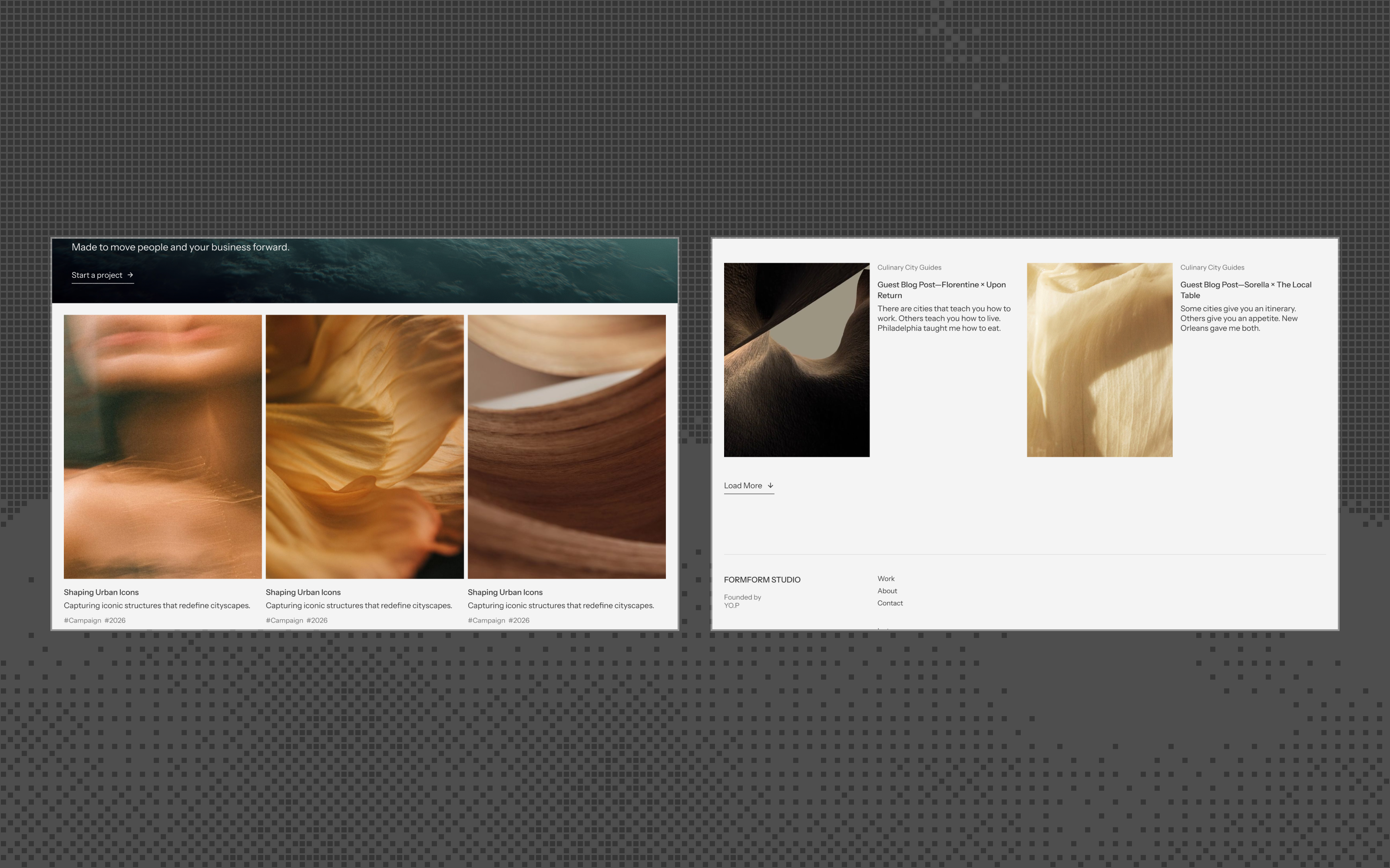 Formform Studio image-led project grid below the hero, and the editorial Notes section.