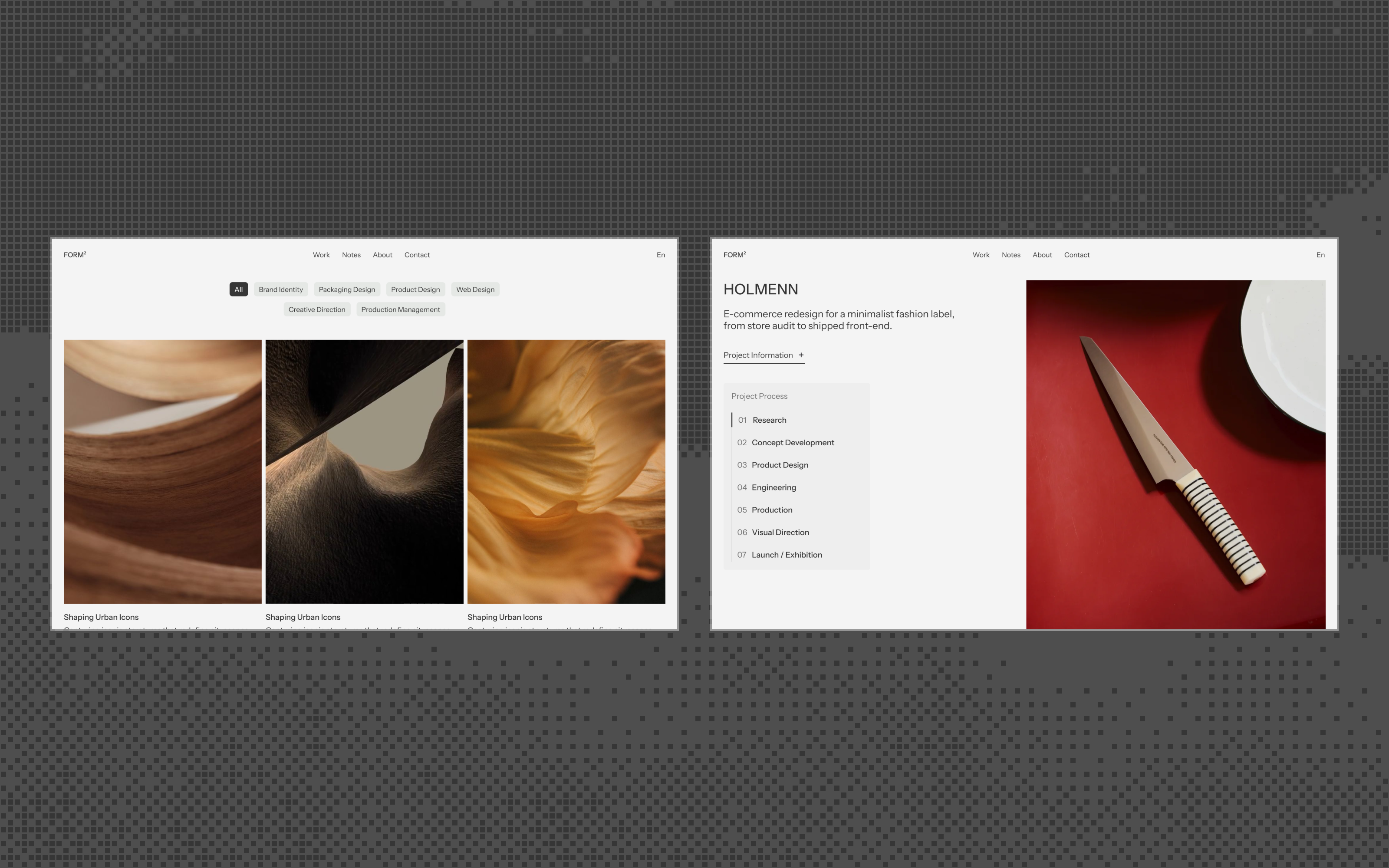 Formform Studio work page with category filters, and a project detail layout with a process list.