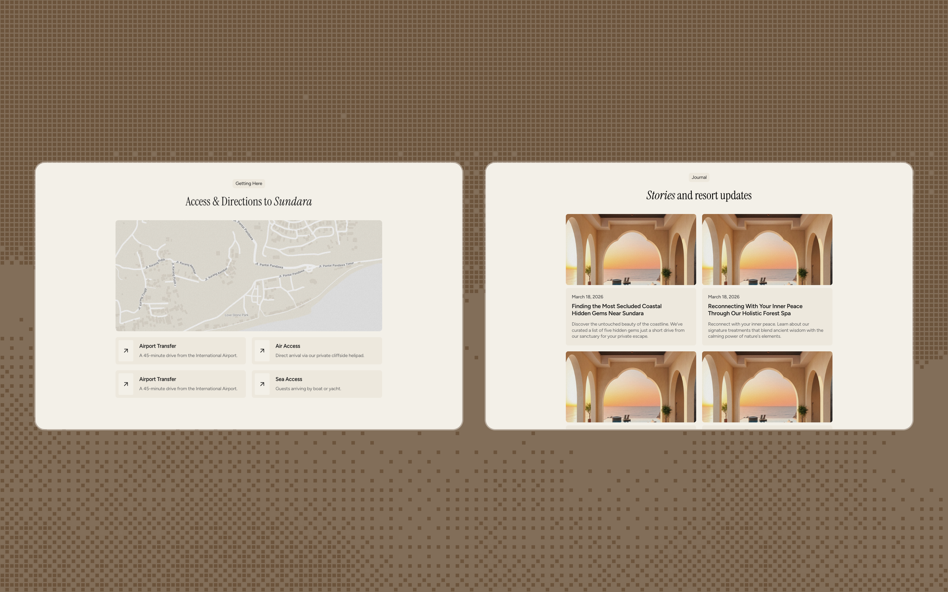 Sundara Getting Here section with a map and transfer options, next to the journal with resort stories.