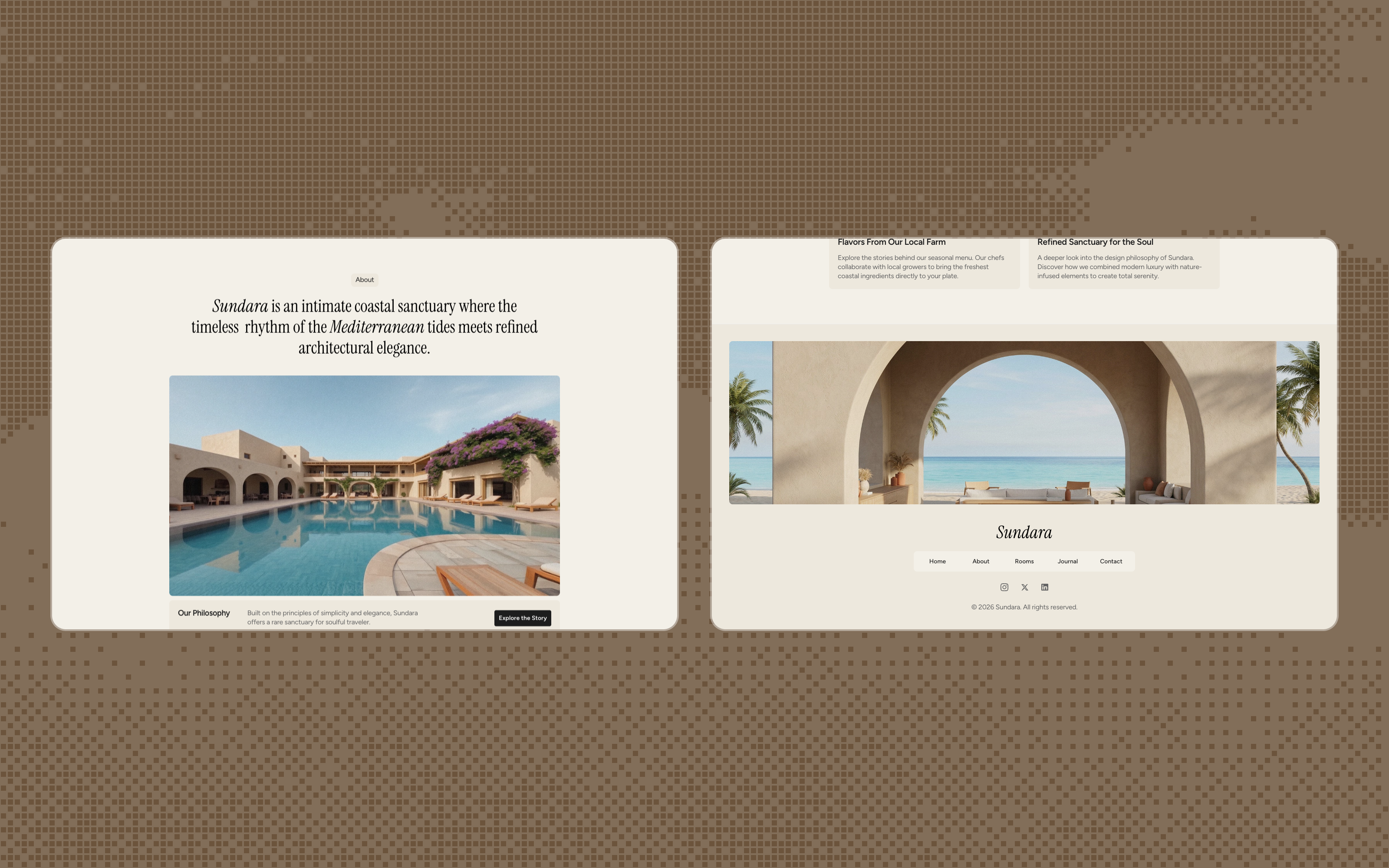 Sundara introduction with the pool courtyard and philosophy, and the closing arch banner with the footer.