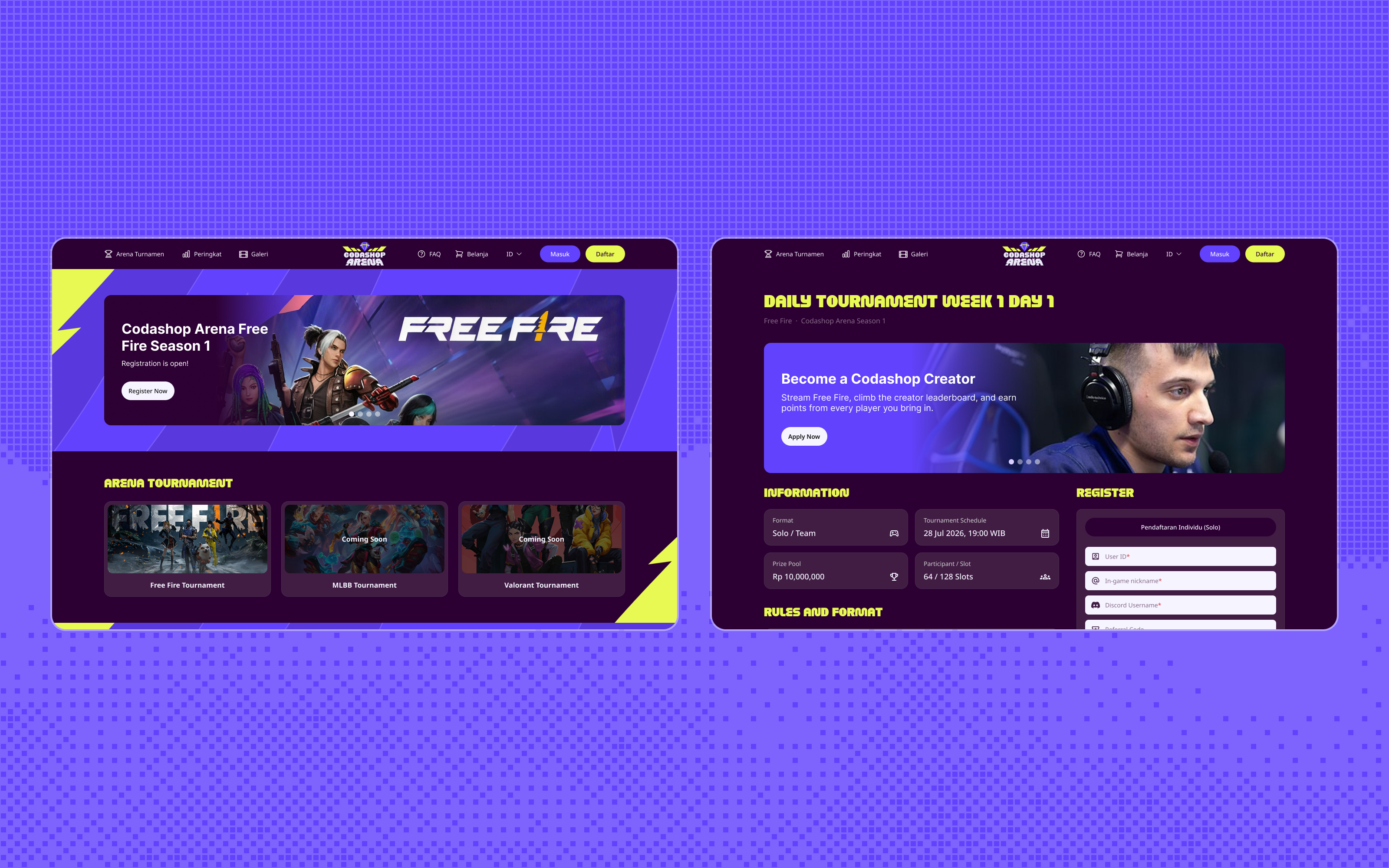 Codashop Arena homepage and a tournament detail page on desktop.
