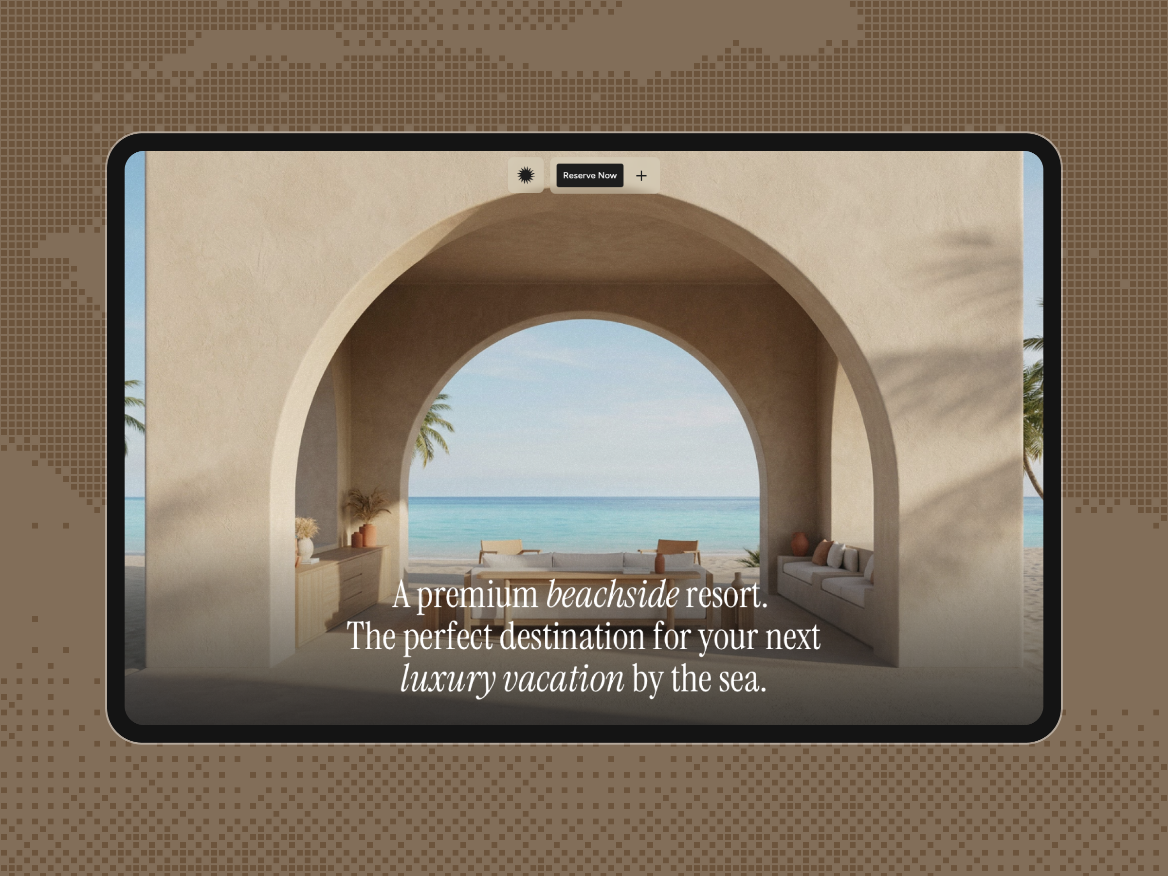 Sundara resort homepage on a desktop screen, with an arched terrace opening onto the sea.