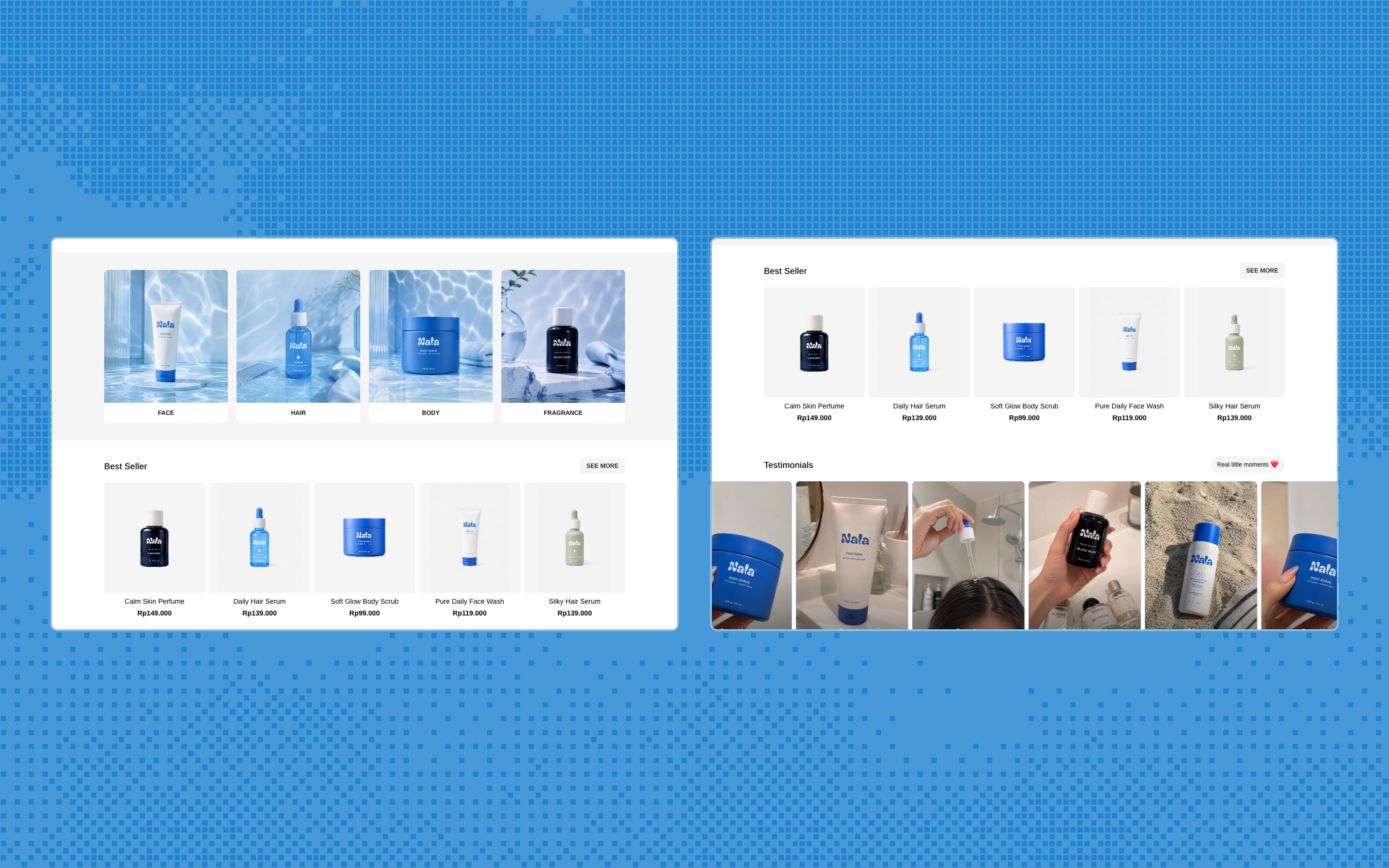 Nala Market product categories for face, hair, body, and fragrance, with Best Seller products and testimonials.
