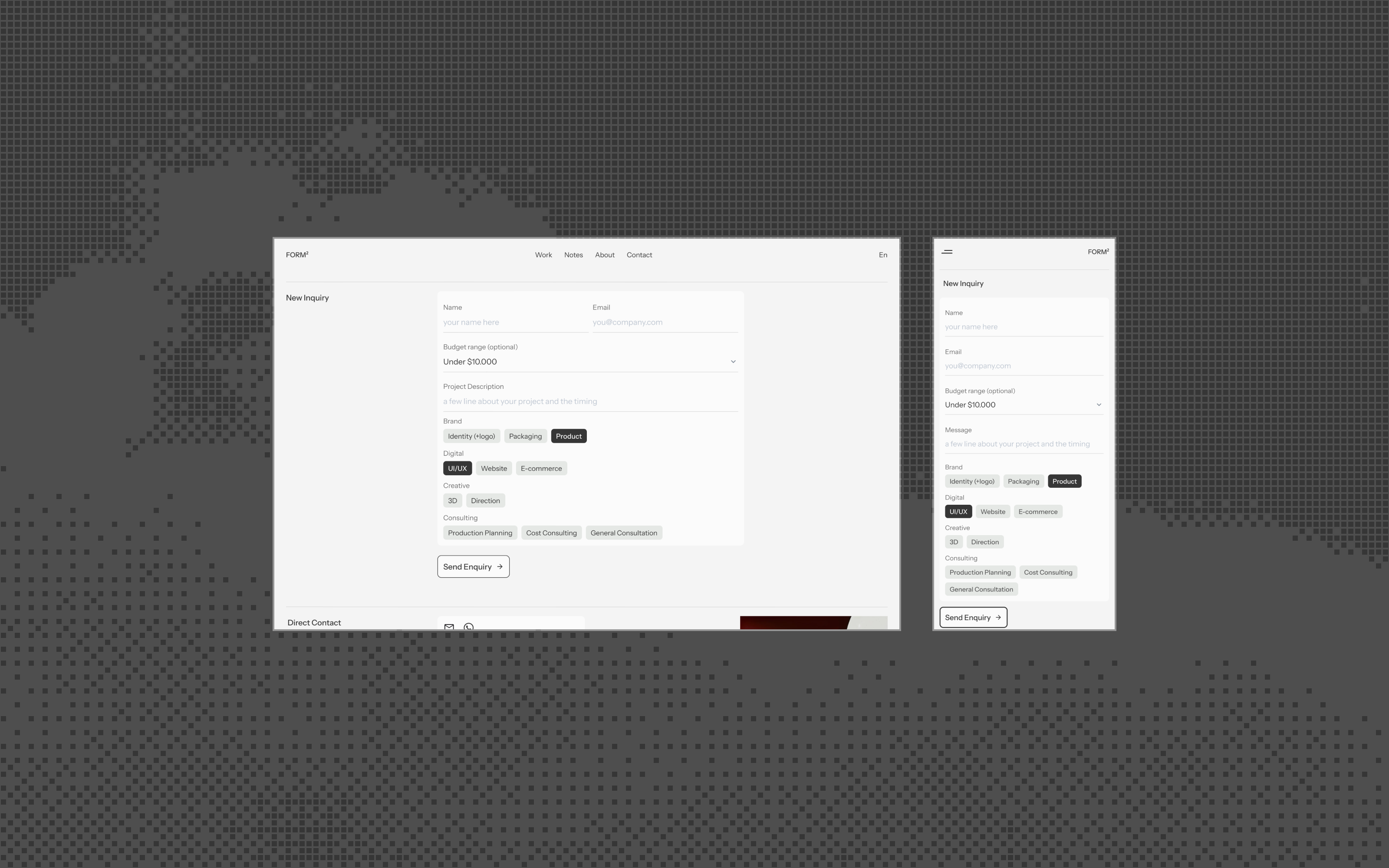Formform Studio project inquiry form on desktop and mobile, with service choices, optional budget, and description.