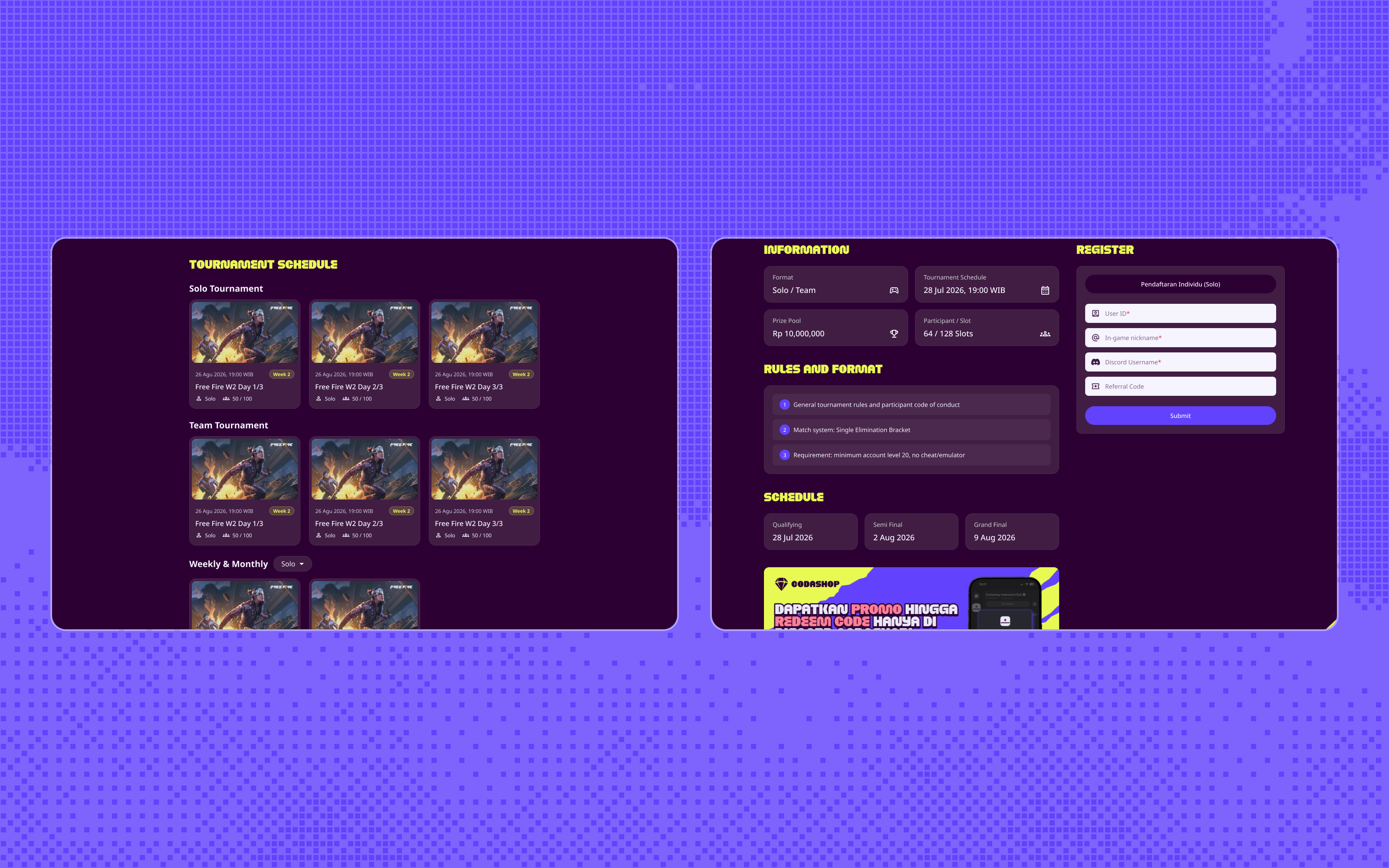 Codashop Arena tournament discovery: solo and team schedule cards next to the tournament information, format, prize pool, and schedule.