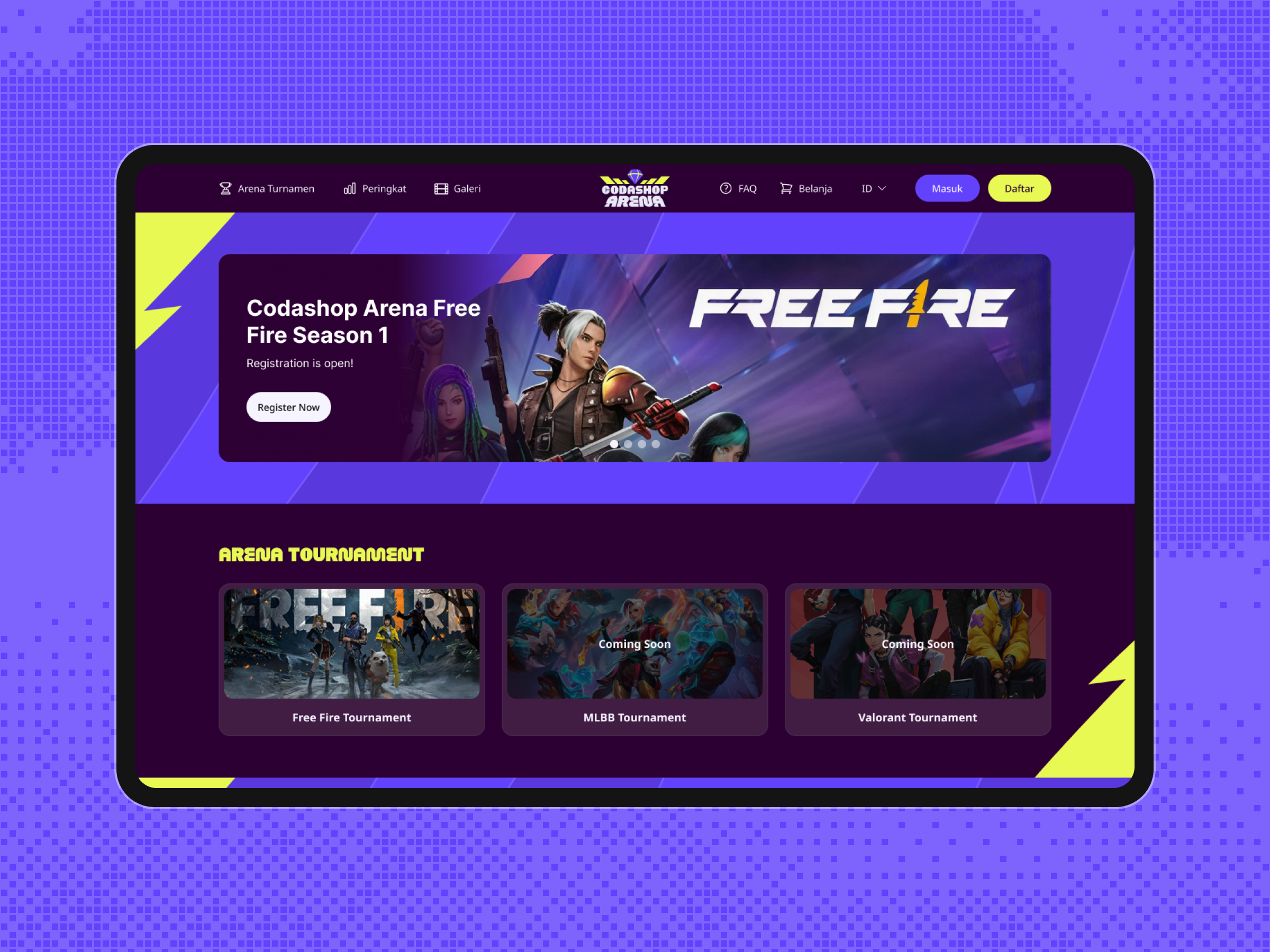 Codashop Arena homepage on a desktop screen, showing the Free Fire season banner and the tournament entry cards.