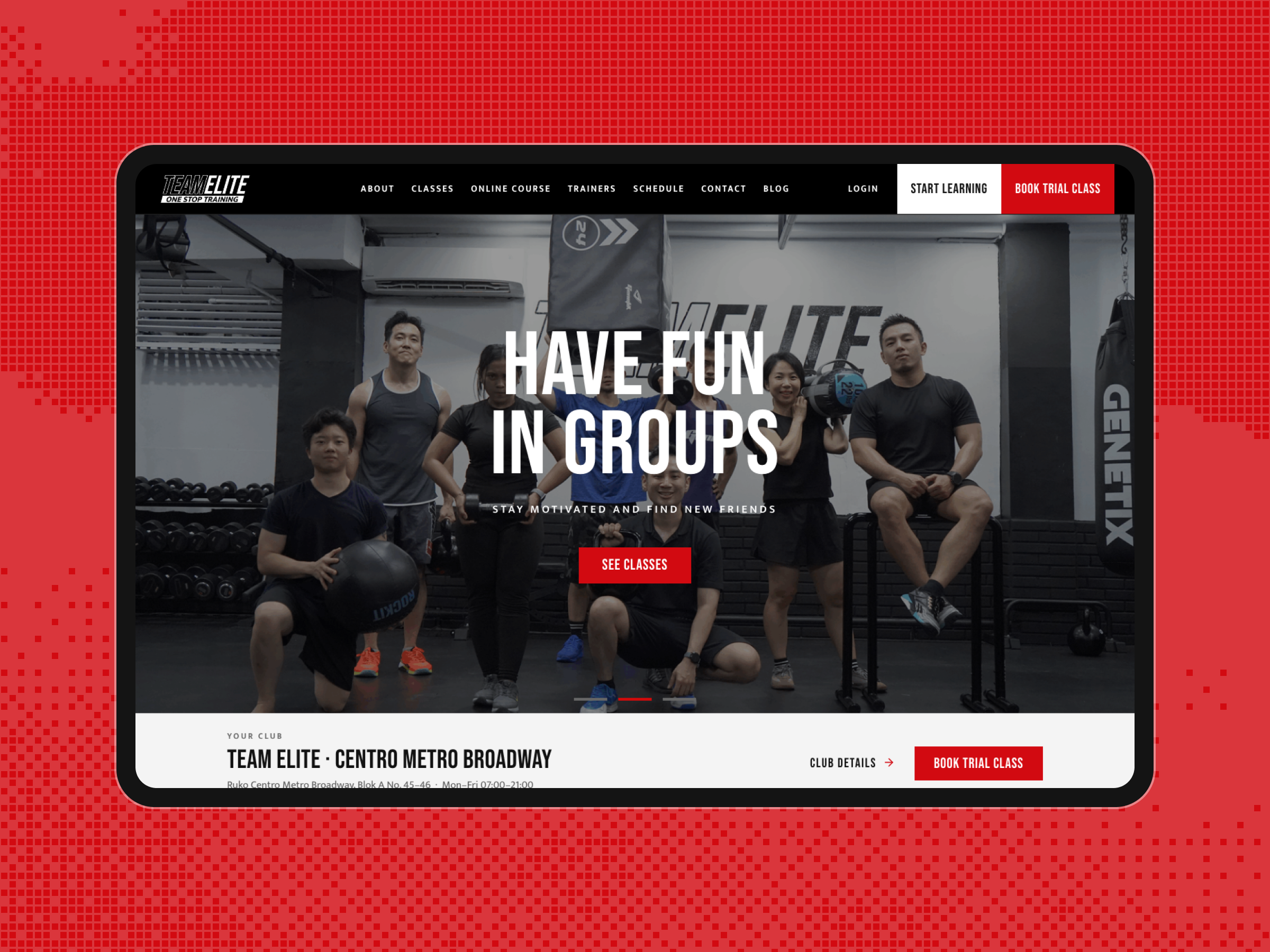 Team Elite homepage on a desktop screen, showing the Have Fun in Groups hero and the club bar with a Book Trial Class button.