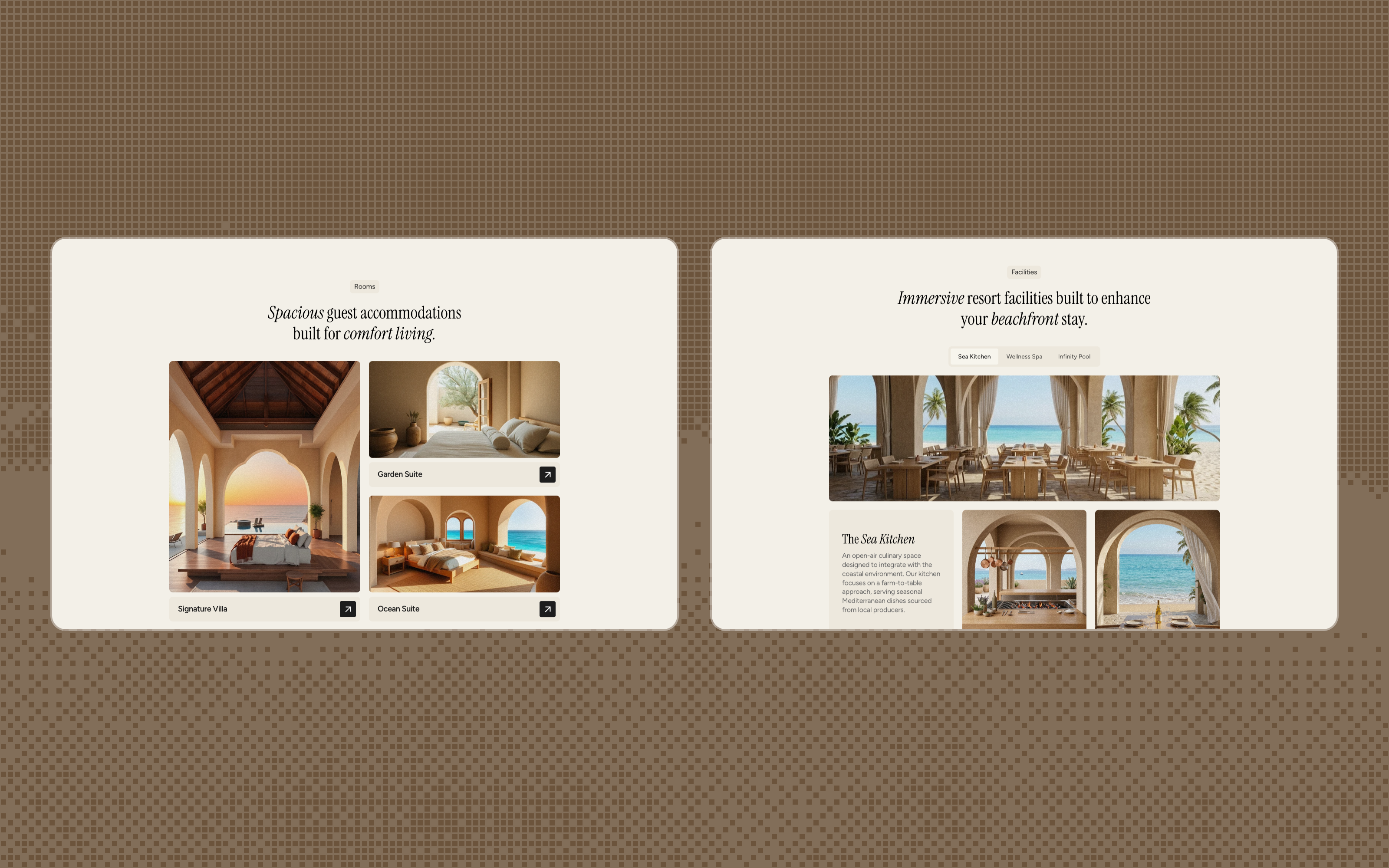 Sundara room options for Signature Villa, Garden Suite, and Ocean Suite, next to the facilities section.