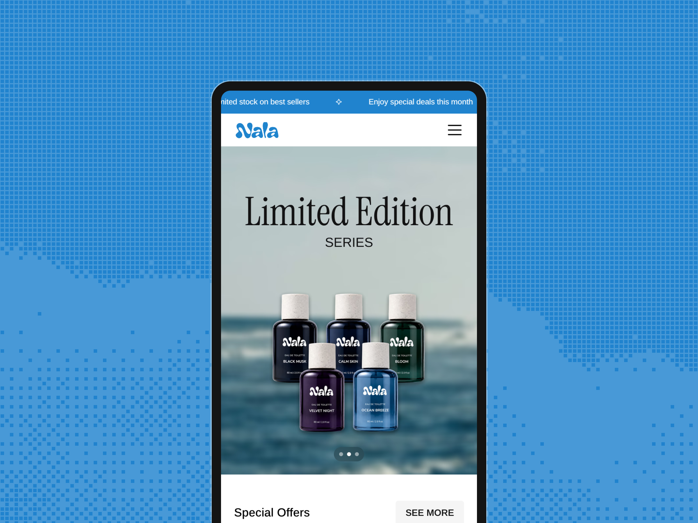 Nala Market mobile storefront on a phone, showing the Limited Edition hero and Special Offers.