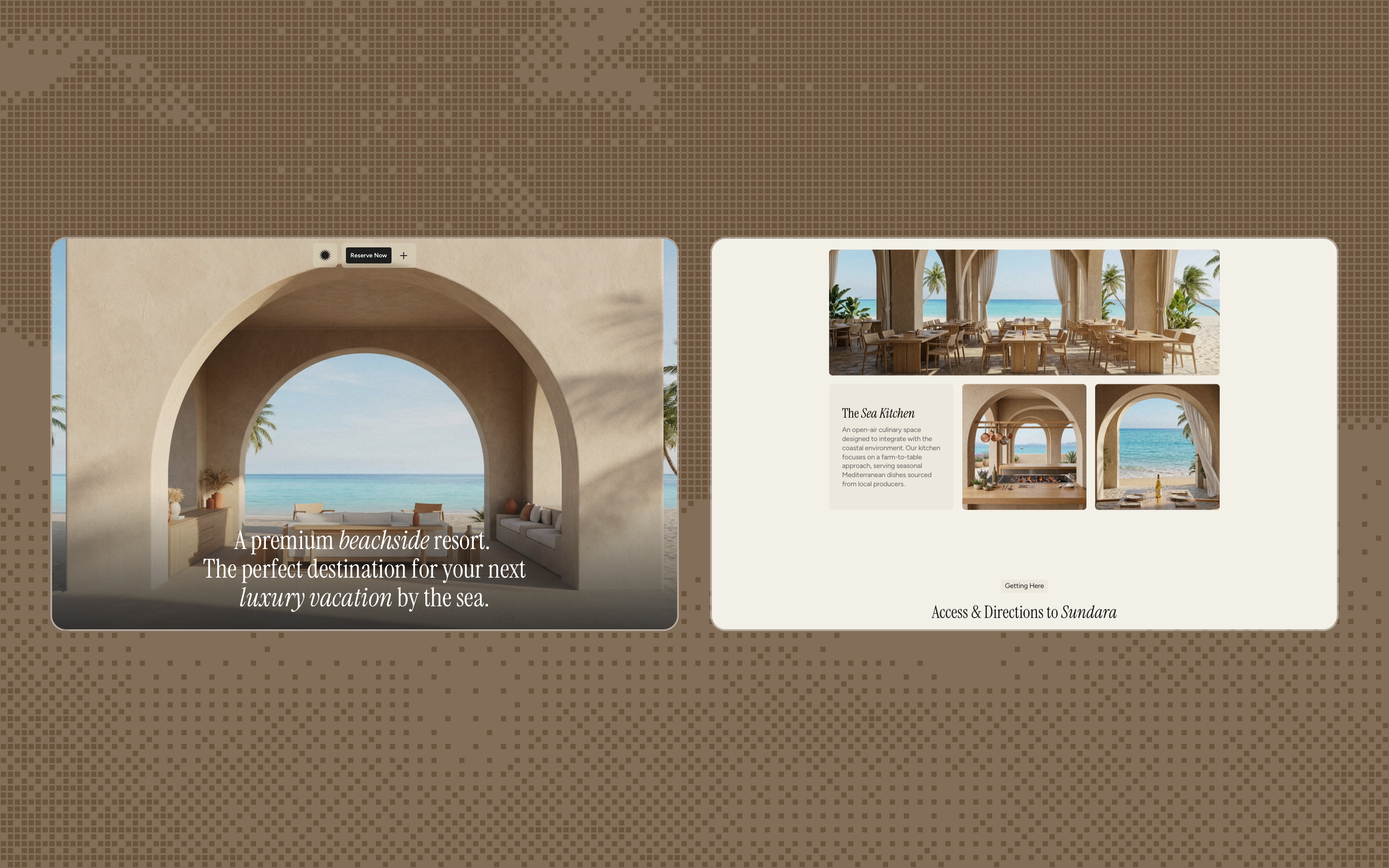 Sundara homepage hero with an arched sea view, next to the Sea Kitchen dining section.