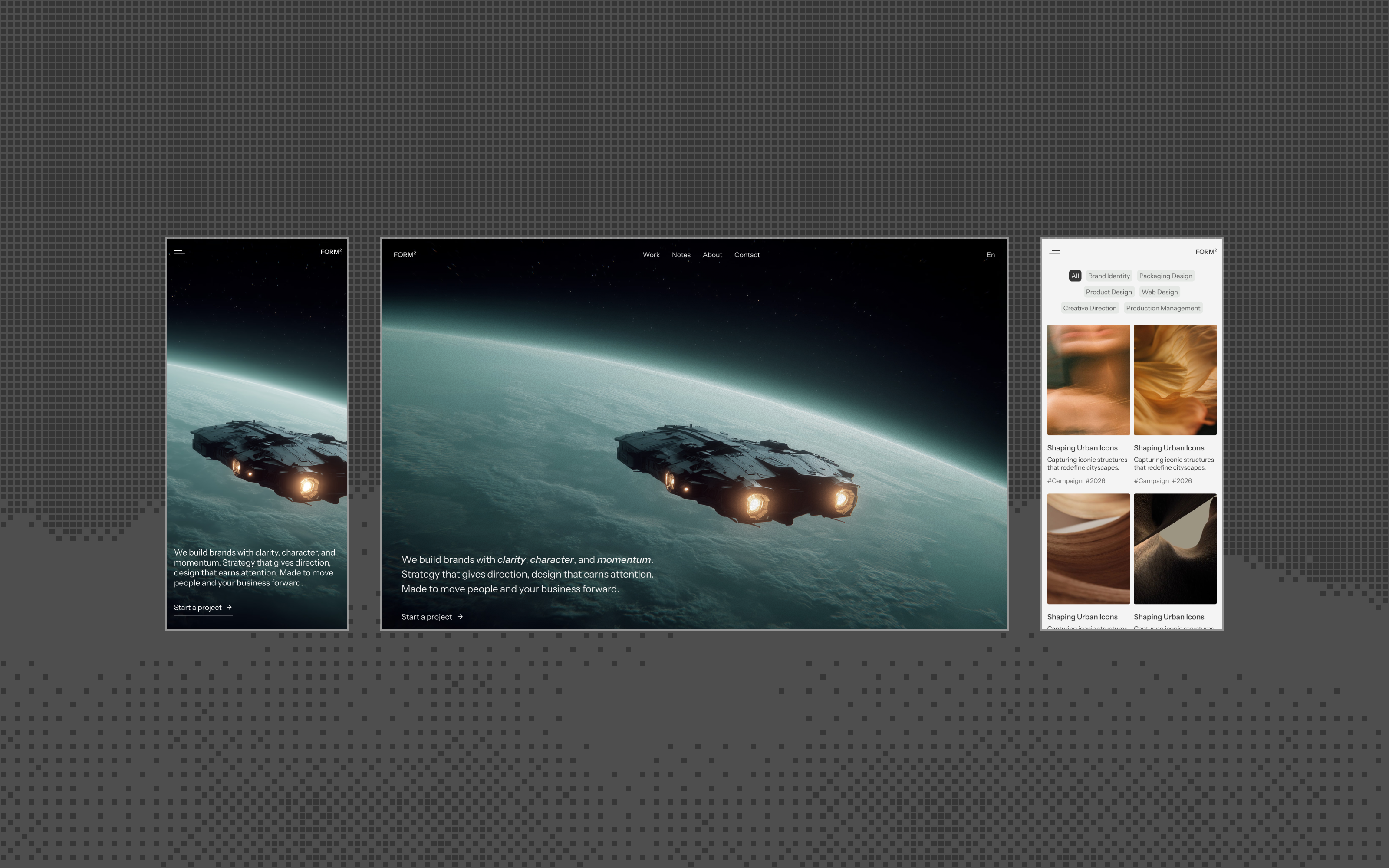 Formform Studio homepage designs on mobile and desktop, plus the mobile work page.