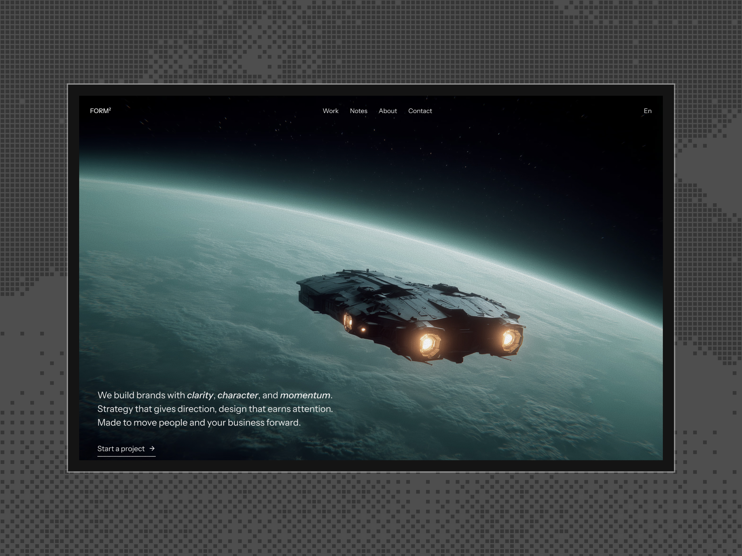 Formform Studio homepage design on a desktop screen, with a spaceship over Earth as the hero image.