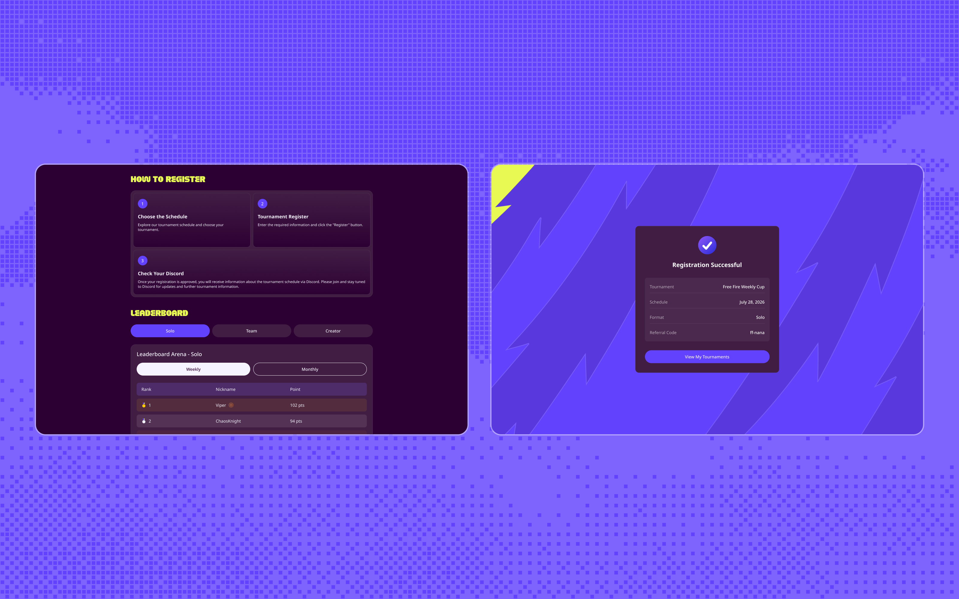 Codashop Arena three-step registration guide and the registration success confirmation.