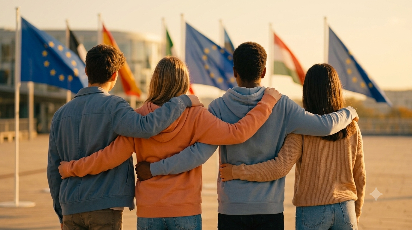 group of young people from behind arms around shoulders european union flag