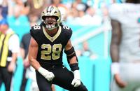New Orleans Saints linebacker Danny Stutsman (28) reacts after making a tackle against the Miami Dolphins during the first half at Hard Rock Stadium.