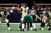 New Orleans Saints quarterback Tyler Shough (6) calls a play during a game against the New York Jets, Sunday, Dec. 21, 2025, in New Orleans.