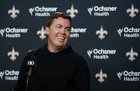 New Orleans Saints head coach Kellen Moore speaks during a press conference at the NFL football team's training facility in Metairie, La. Thursday, March 12, 2026.
