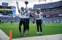 New Orleans Saints wide receiver Chris Olave (12) celebrates his touchdown during the third quarter against the Tennessee Titans at Nissan Stadium in Nashville, Tenn., on Sunday.