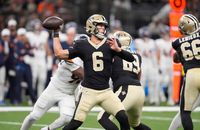 Saints quarterback Tyler Shough looks to pass the ball in Saturday's preseason game against the Denver Broncos.