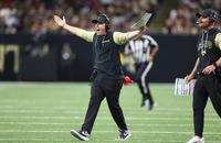 New Orleans Saints head coach Kellen Moore reacts on the sidelines during the second half against the Atlanta Falcons at Caesars Superdome.
