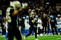 New Orleans Saints quarterback Tyler Shough celebrates after a touchdown pass against the Carolina Panthers.