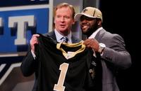 NFL commissioner Roger Goodell introduces running back Mark Ingram as the No. 28 overall pick to the New Orleans Saints in the 2011 NFL Draft.
