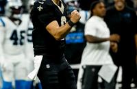 New Orleans Saints quarterback Tyler Shough celebrates a touchdown pass against the Carolina Panthers.
