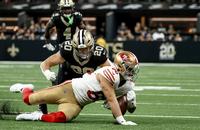 New Orleans Saints linebacker Pete Werner (20)  forces an incomplete pass.