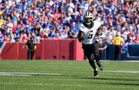 Saints running back Kendre Miller carries the ball against the Buffalo Bills on Sep. 28, 2025.
