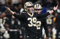 New Orleans Saints kicker Charlie Smyth (39) reacts after kicking the game winning field goal in a 20-17 victory Sunday against the Carolina Panthers at the Caesars Superdome.