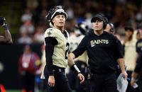 Saints quarterback Spencer Rattler (2) reacts to a play during Sunday's game against the Arizona Cardinals.