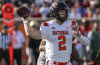 New Orleans Saints quarterback Tyler Shough throws a pass at the 2025 Senior Bowl.