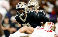 New Orleans Saints left tackle Kelvin Banks Jr. lines up against the San Francisco 49ers.
