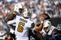 New Orleans Saints quarterback Tyler Shough throws a pass against the Carolina Panthers.