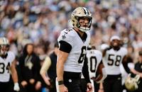 New Orleans Saints quarterback Tyler Shough celebrates after throwing a touchdown pass against the Tennessee Titans.