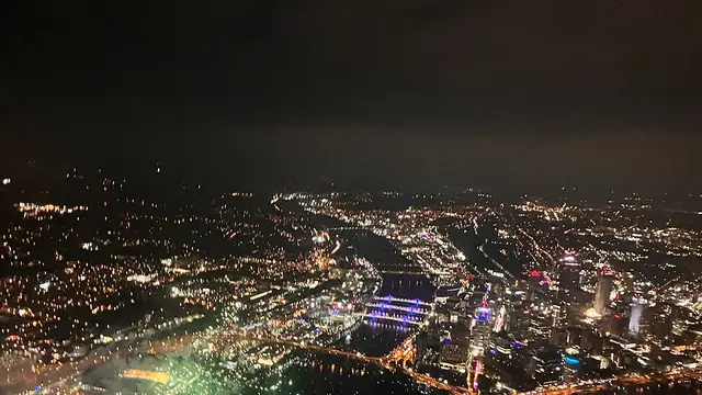 Fireworks in downtown Pittsburgh, viewed from an airplane (Cessna 172) at about 1500 ft AGL.