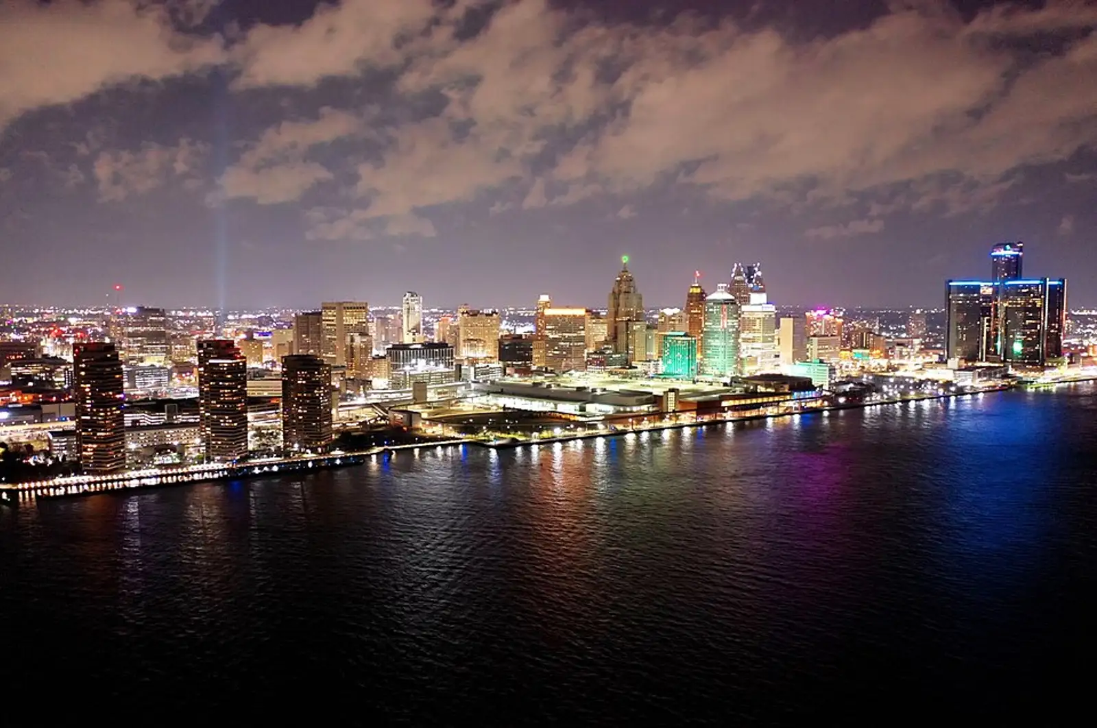Photograph of Downtown Detroit taken from over the Detroit River between Windsor, Ontario, Canada and Detroit's riverfront.