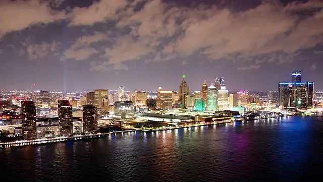 Photograph of Downtown Detroit taken from over the Detroit River between Windsor, Ontario, Canada and Detroit's riverfront.