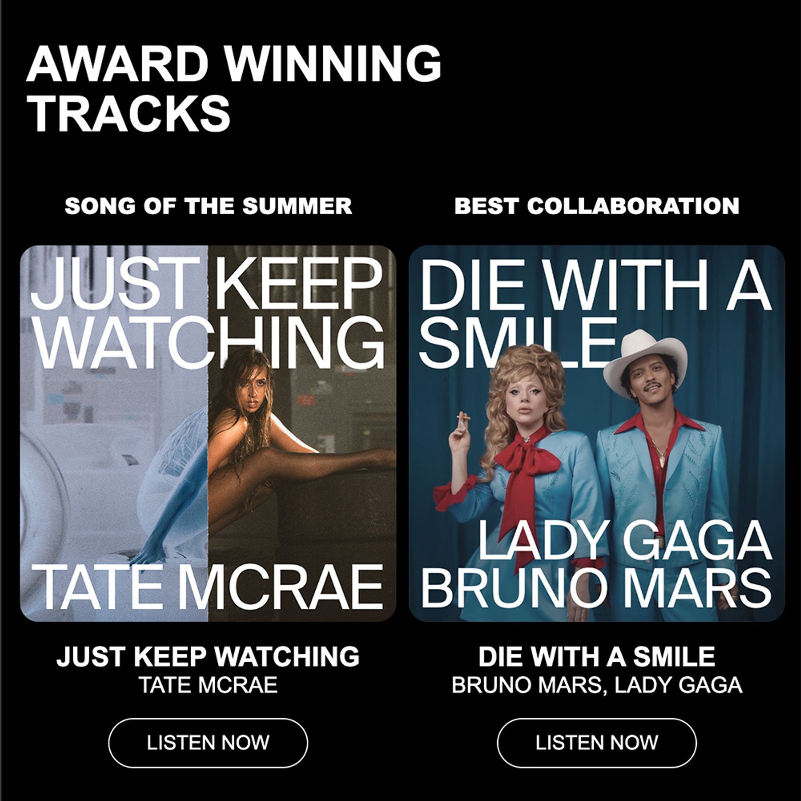 wmc soundcheck award-winning tracks section featuring Tate McRae and Lady Gaga with Bruno Mars
