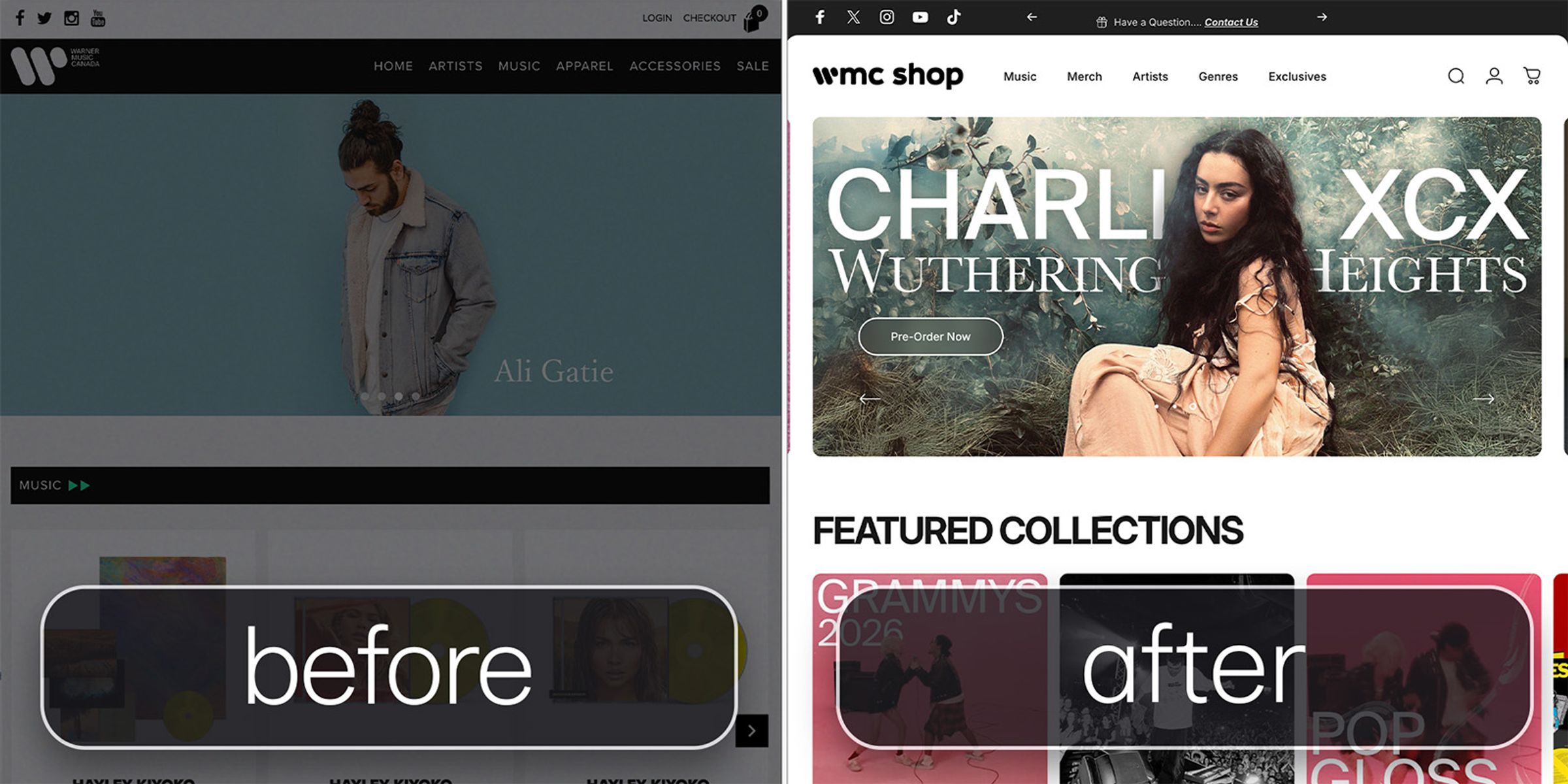 Before and after: Warner Music Canada's old store homepage beside the redesigned wmc shop homepage