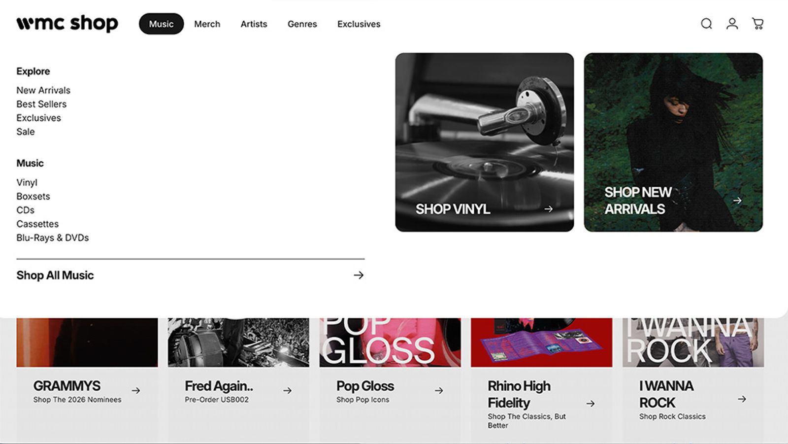 wmc shop navigation menu with music categories and featured vinyl and new arrivals