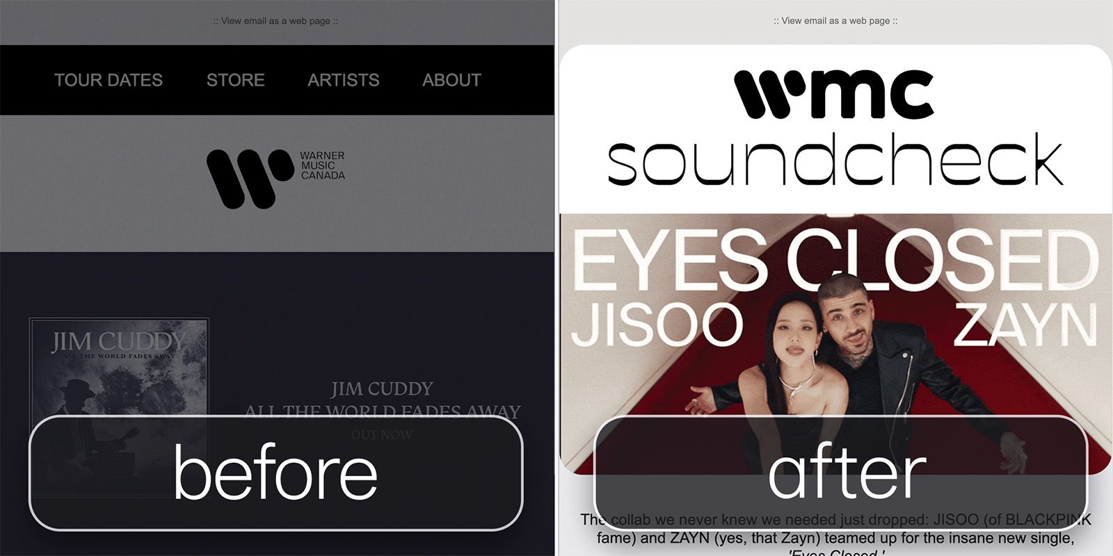 Before and after: Warner Music Canada's old fan newsletter beside the redesigned wmc soundcheck newsletter