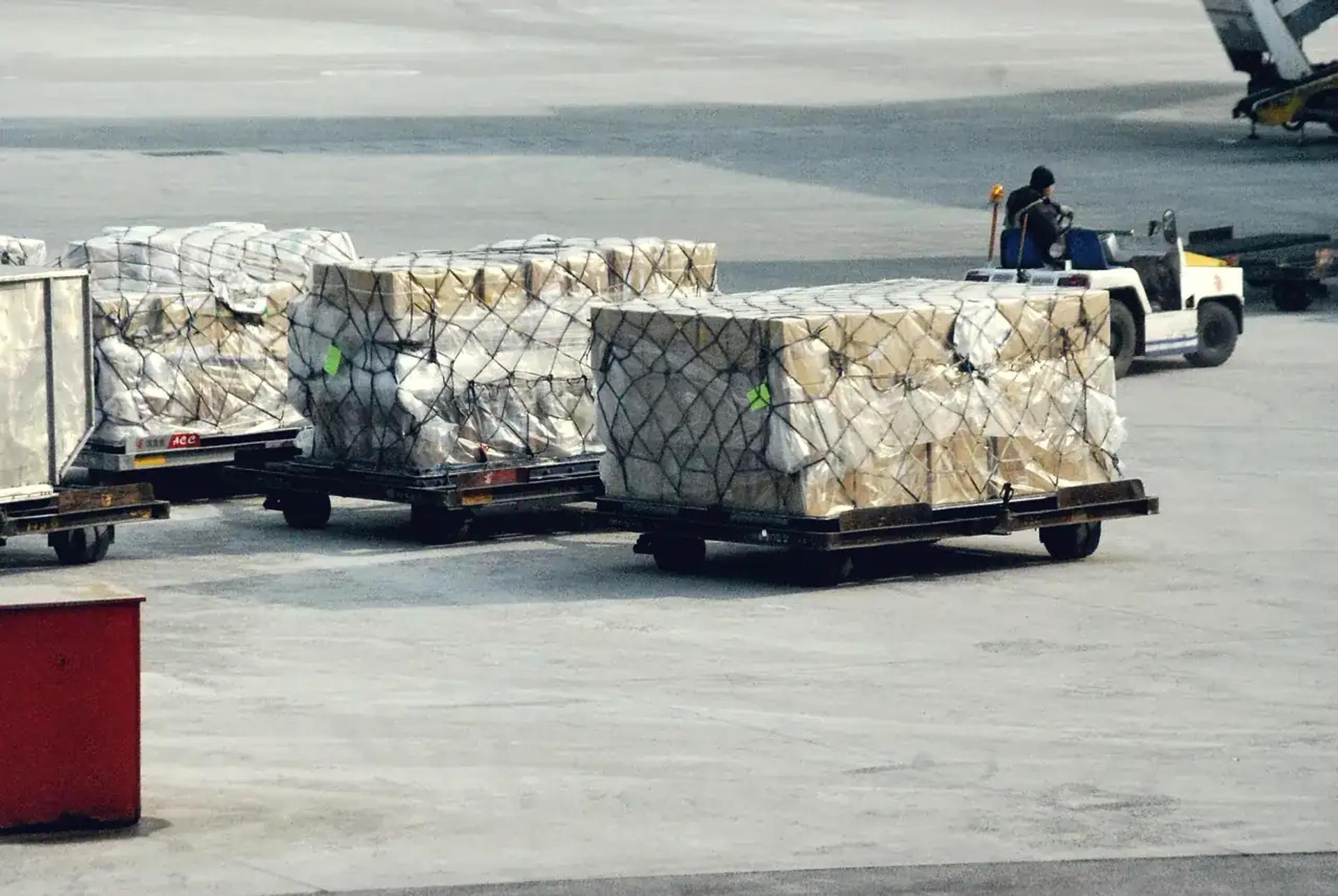 Netted air cargo pallets on dollies on an airport apron
