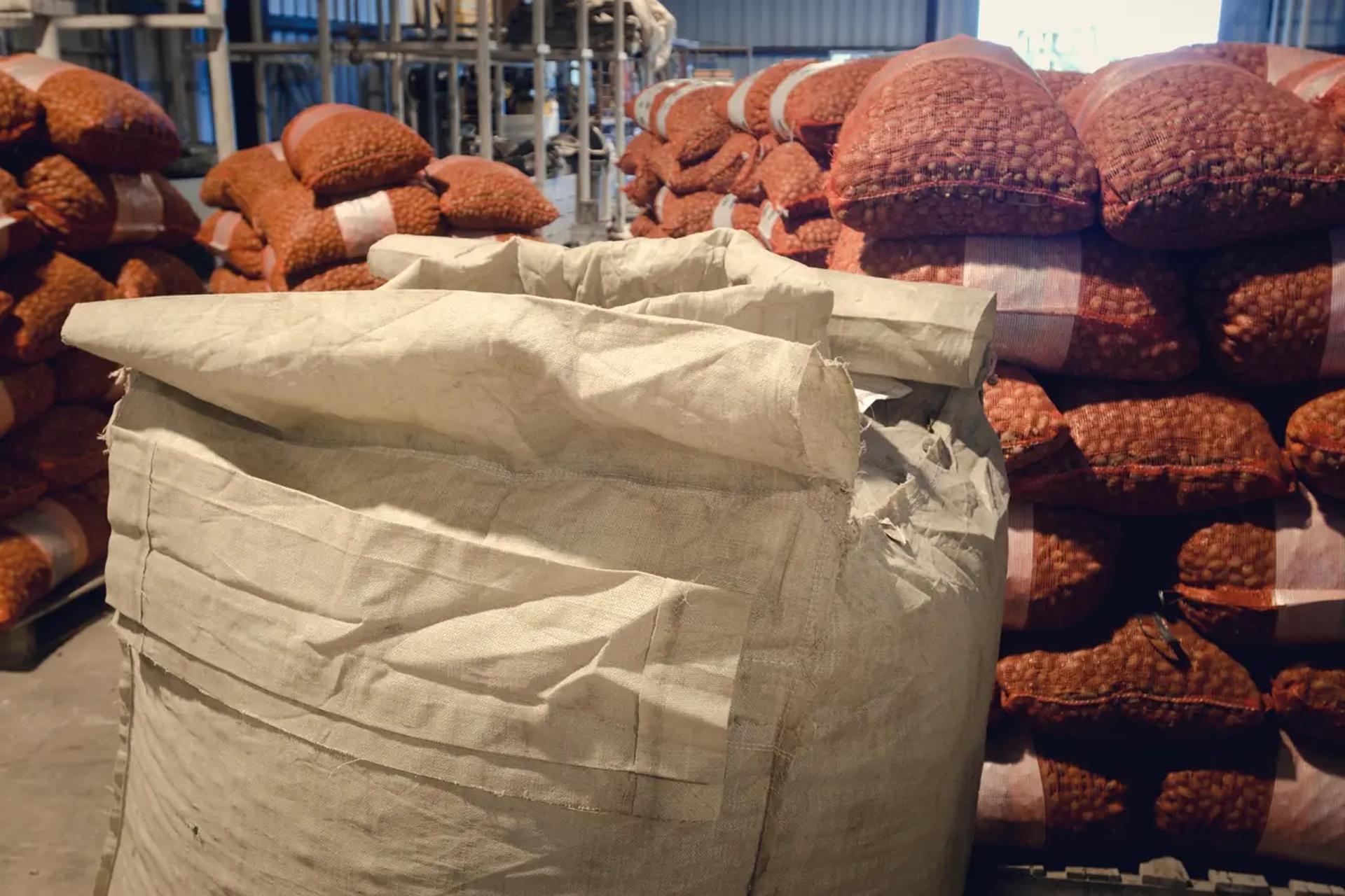 Sacks and a bulk bag stacked on pallets in a warehouse