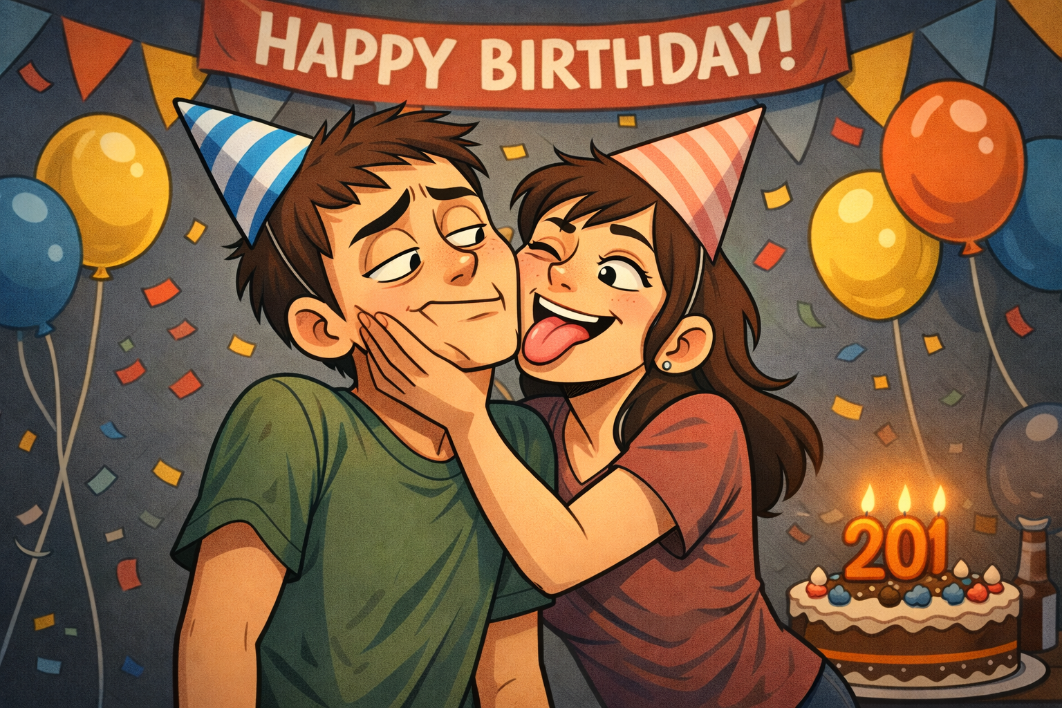 Funny illustrated birthday scene with sarcastic humor, showing a couple celebrating with a cake and playful, non-sentimental birthday vibe